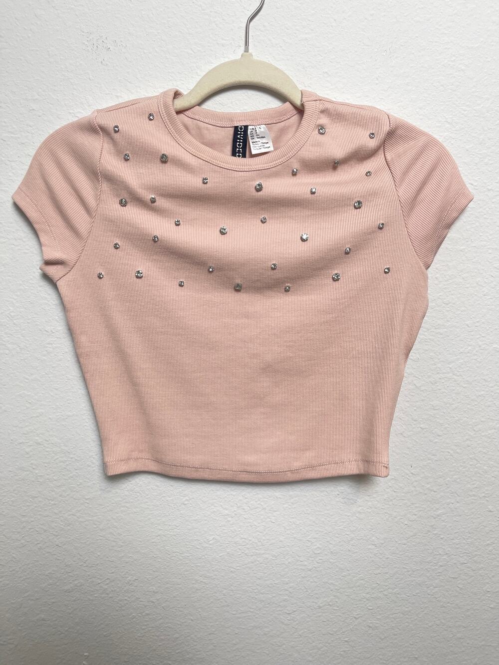 H&M Divided Pink Rhinestone Ribbed Baby Tee Crop Top Women’s S Y2K